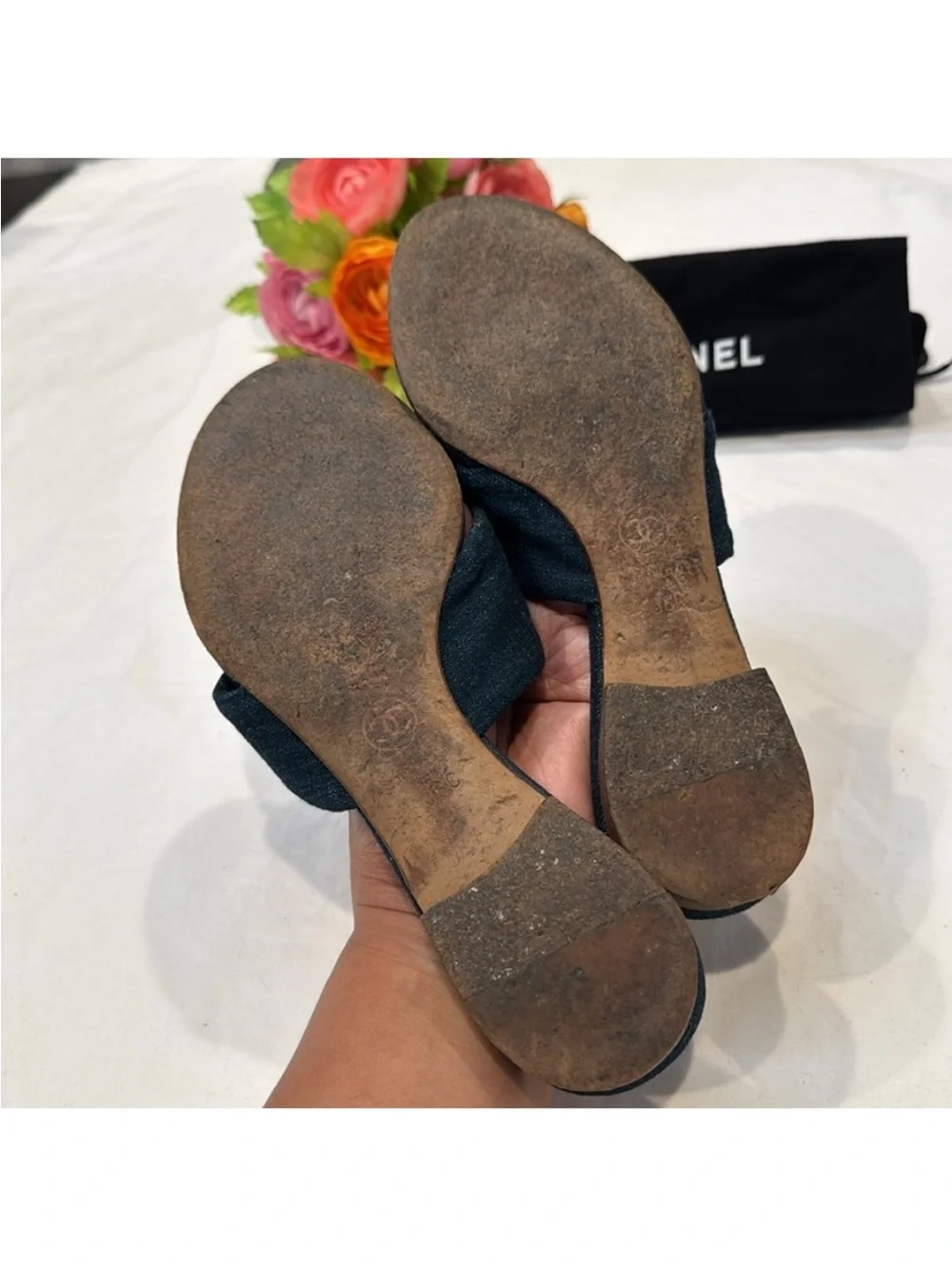 Authentic  CHANEL Dark Blue Denim Slide Sandals with Flower Design